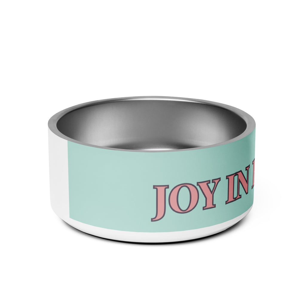 Side view of mint green pet bowl stacked on top of each other with pink and black text reading “Joy in Every Wag,” featuring a durable stainless steel interior and anti-slip rubber base.