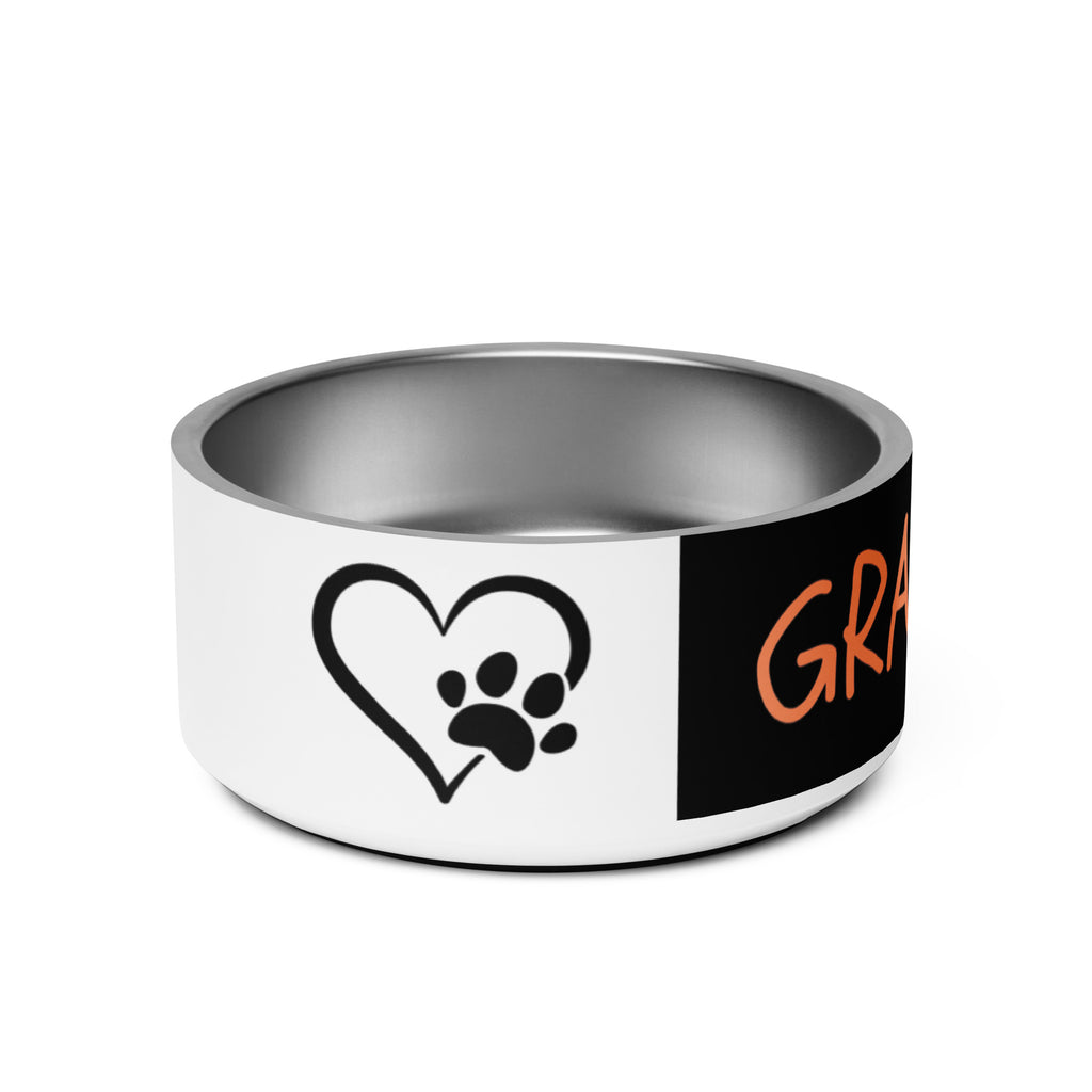 Side view of black stainless steel pet bowl with peach “GRACEPAW” lettering, featuring a sleek, durable finish and anti‑slip base.