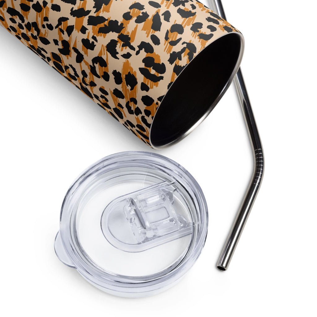 Leopard print stainless teel tumbler with matching straw