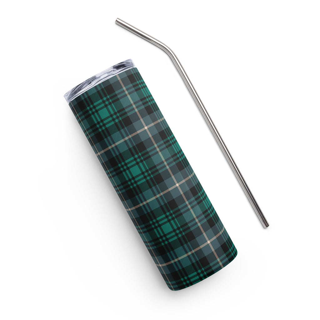Durable plaid insulated tumbler with stainless steel interior, Christian “No Worries God Got Me” design, shown with removable clear lid and straw.