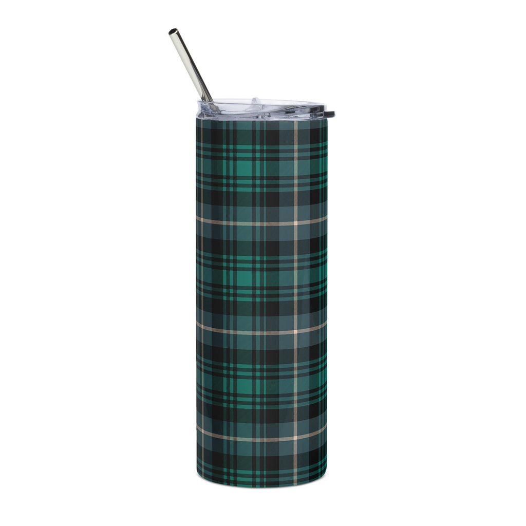 Eco-friendly plaid stainless steel tumbler in green and black with reusable straw and clear lid, perfect for coffee, tea, or cold beverages.