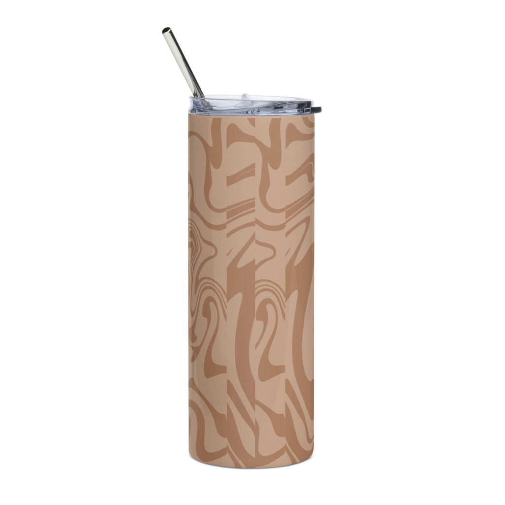 Back view of Christian faith tumbler with beige marble swirl pattern, insulated stainless steel design with straw and lid.