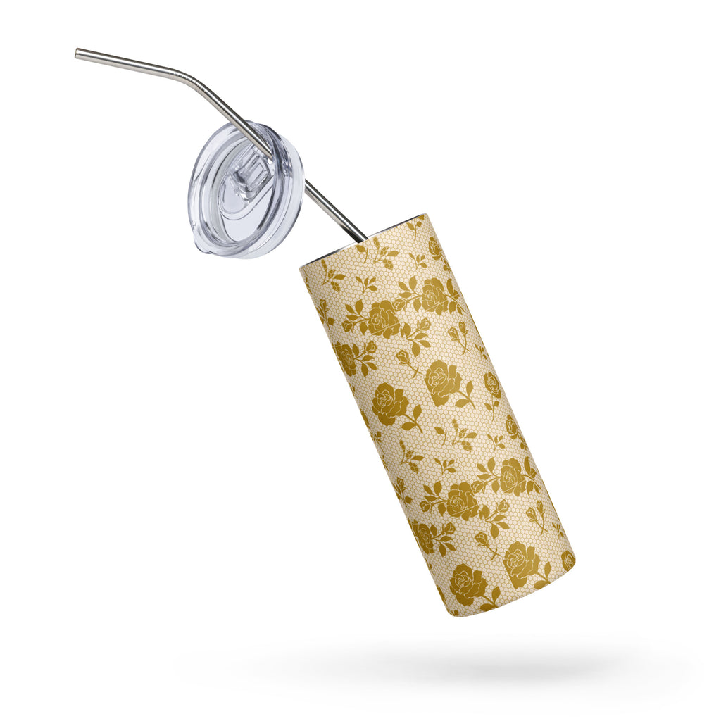 “No Worries God Got Me” gold flower with honey comb design,  insulated stainless steel design with straw and lid.