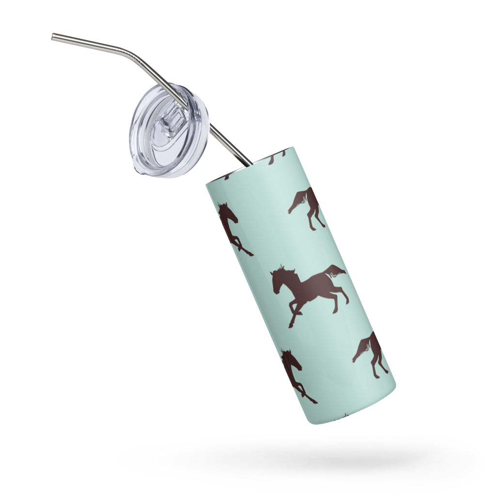Dark horse design stainless steel tumbler with a teal background