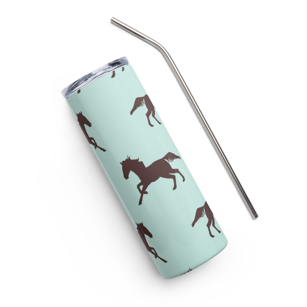 Dark horse design stainless steel tumbler with a teal background