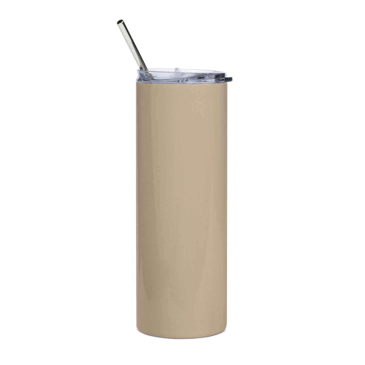 Tan stainless steel tumbler with the words, Joy on the front 