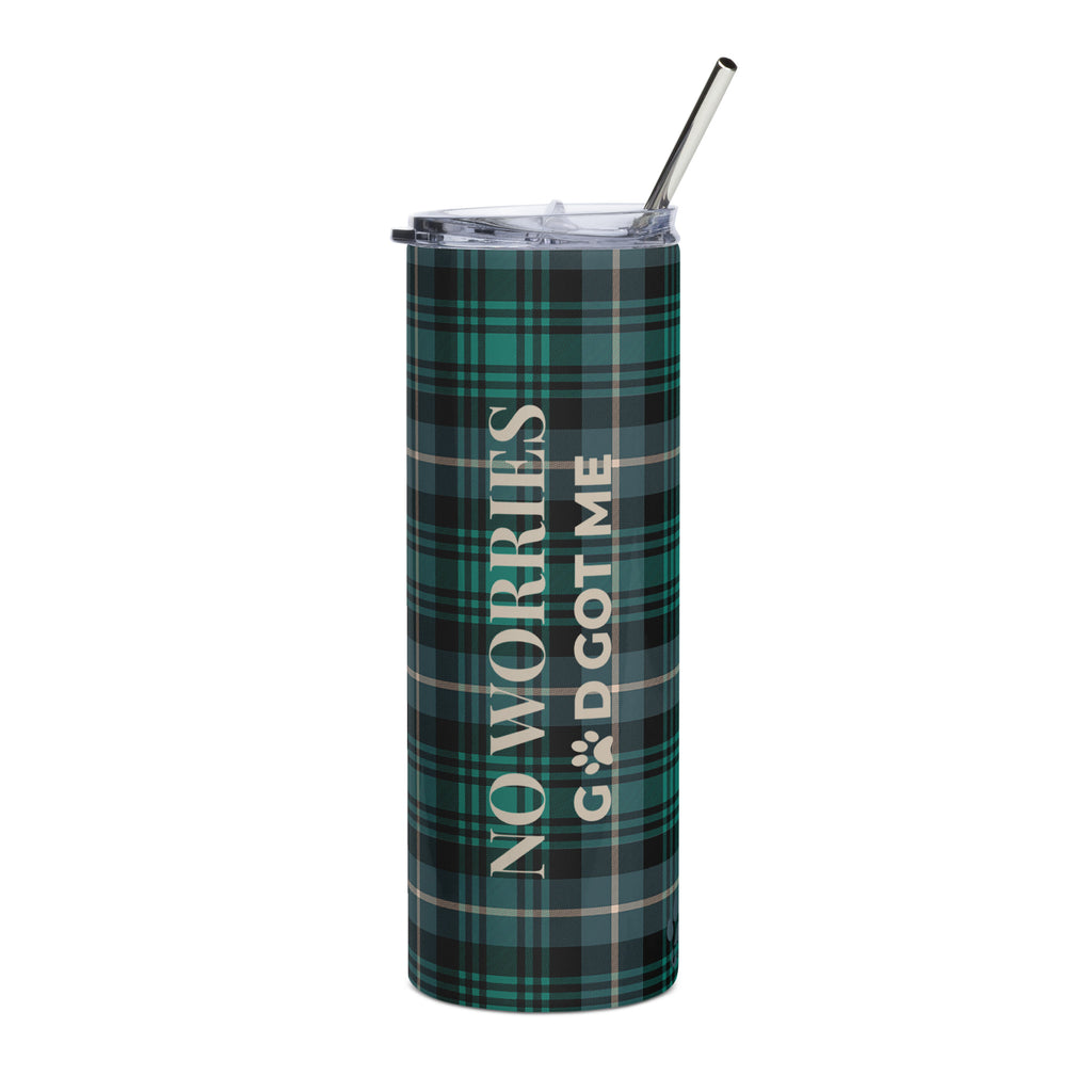 “No Worries God Got Me” Christian plaid tumbler with green, black, and gray pattern, insulated stainless steel design with straw and lid.