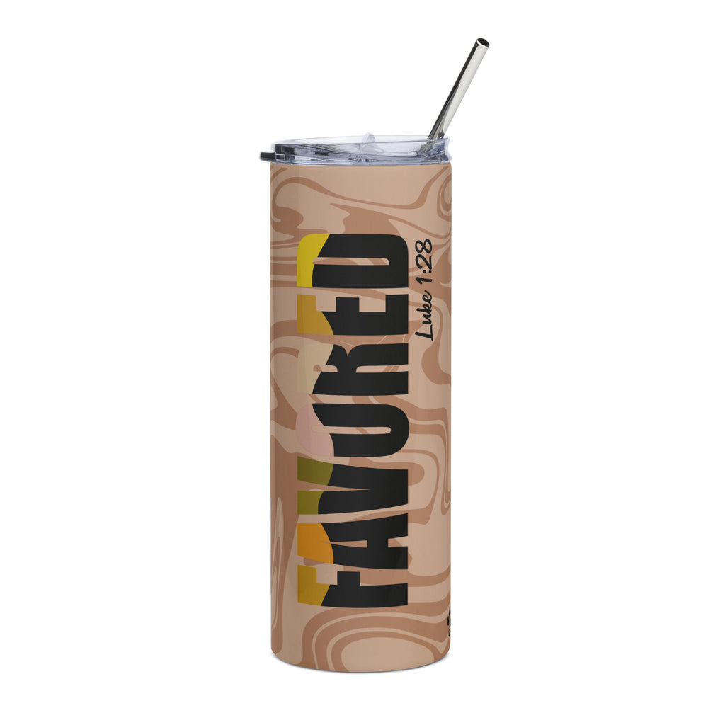 Beige marble Christian tumbler featuring bold “Favored” text and Luke 1:28 scripture, stainless steel insulated design with lid and straw.