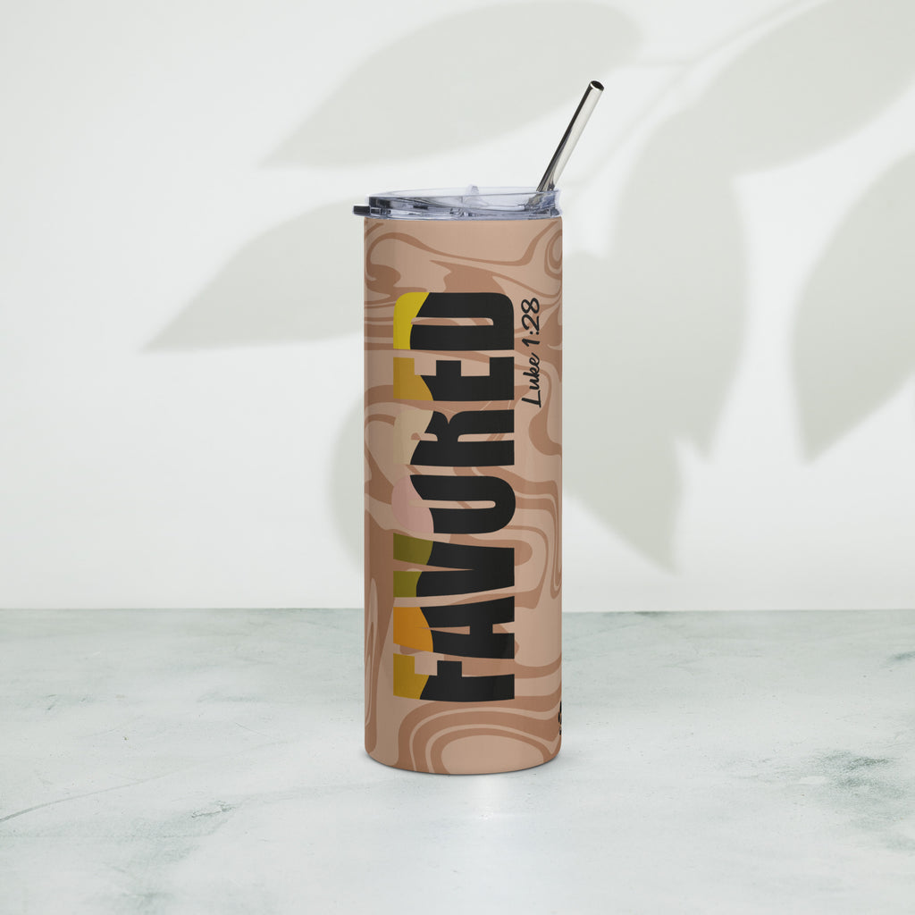 Christian “Favored” Luke 1:28 stainless steel tumbler with reusable metal straw, beige marble swirl design, 20oz insulated travel mug.