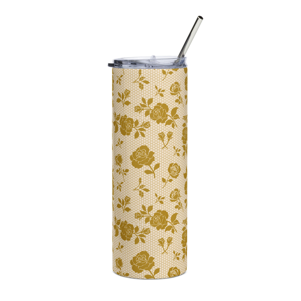 “No Worries God Got Me” gold flower with honey comb design,  insulated stainless steel design with straw and lid.