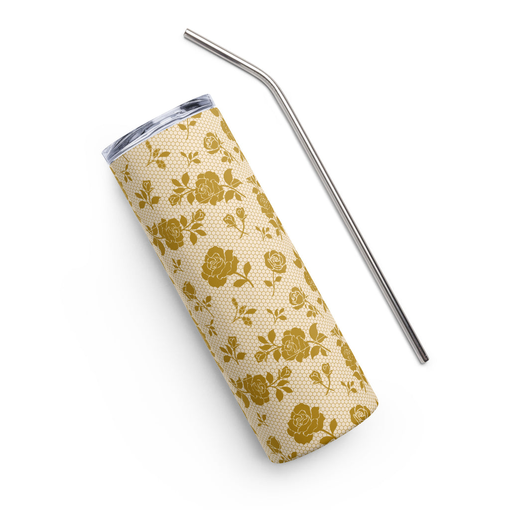 “No Worries God Got Me” gold flower with honey comb design,  insulated stainless steel design with straw and lid.