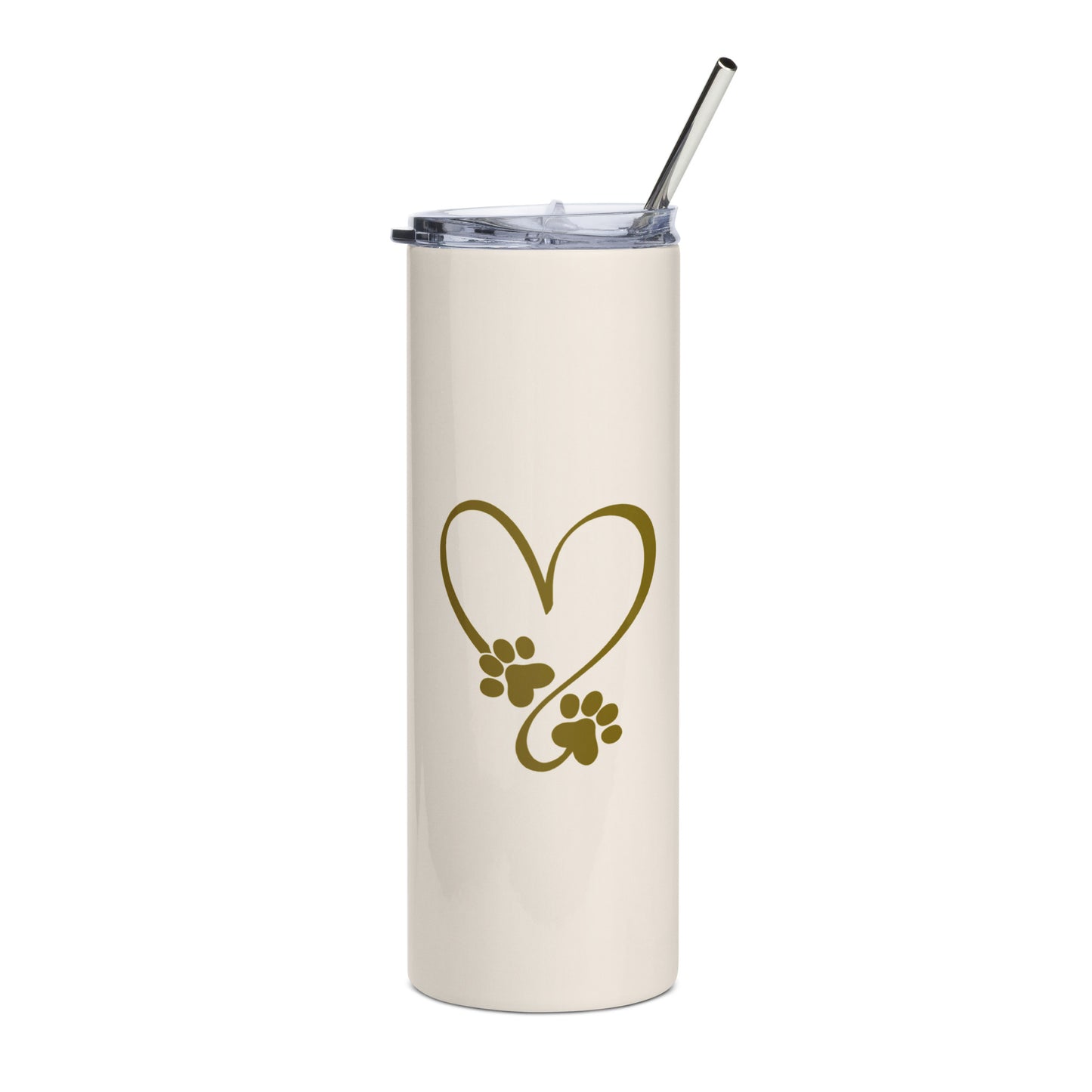 Cream stainless steel tumbler with gold heart with pawprint accents