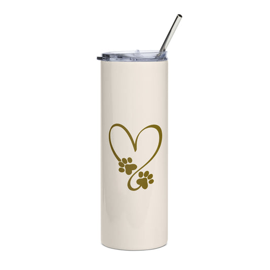 Cream stainless steel tumbler with gold heart with pawprint accents