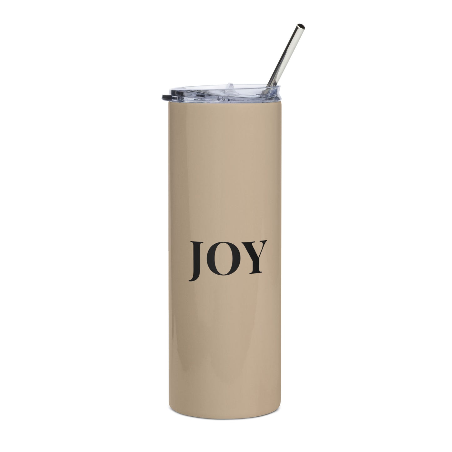 Tan stainless steel tumbler with the words, Joy on the front 