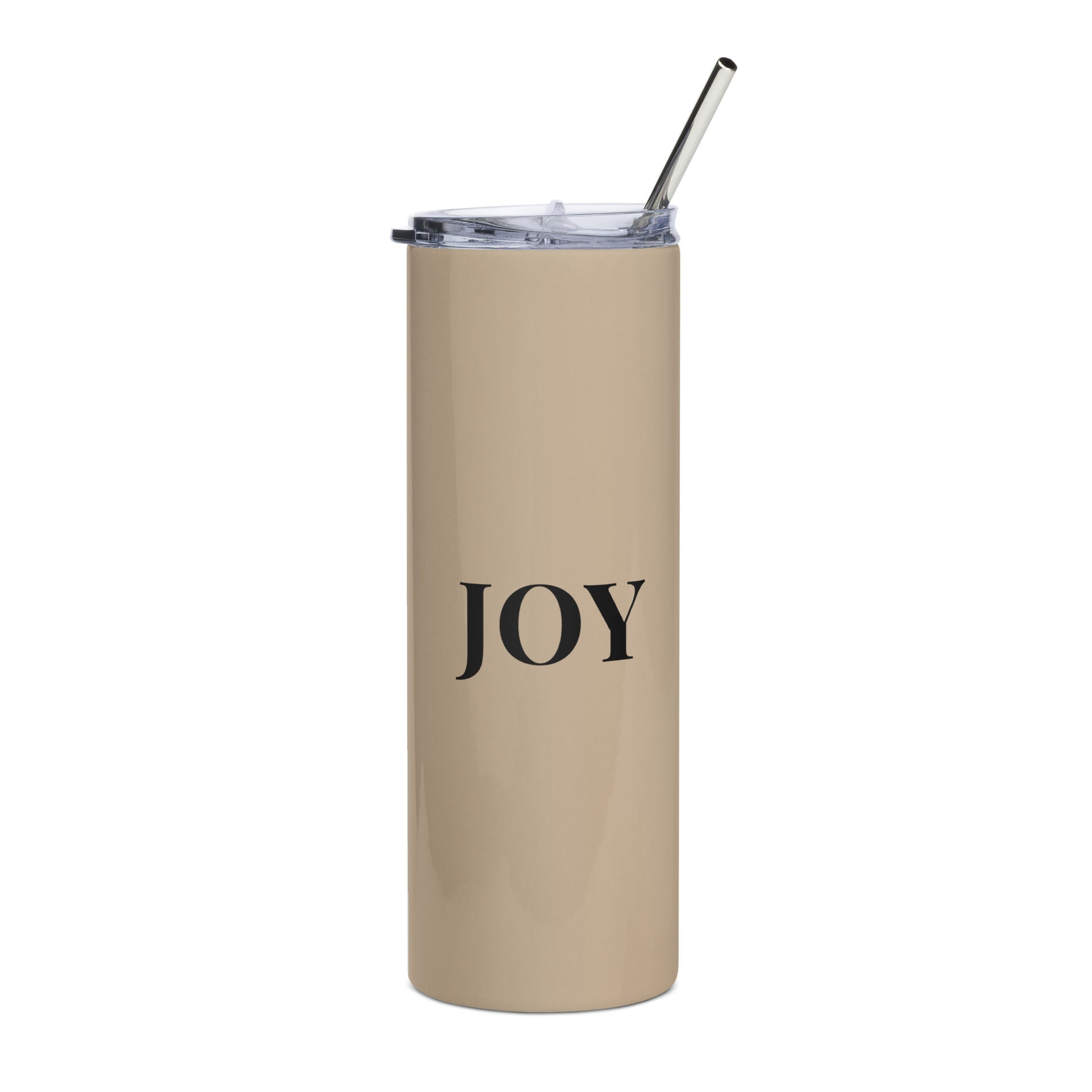 Tan stainless steel tumbler with the words, Joy on the front 
