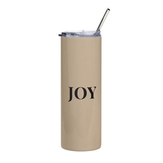 Tan stainless steel tumbler with the words, Joy on the front 