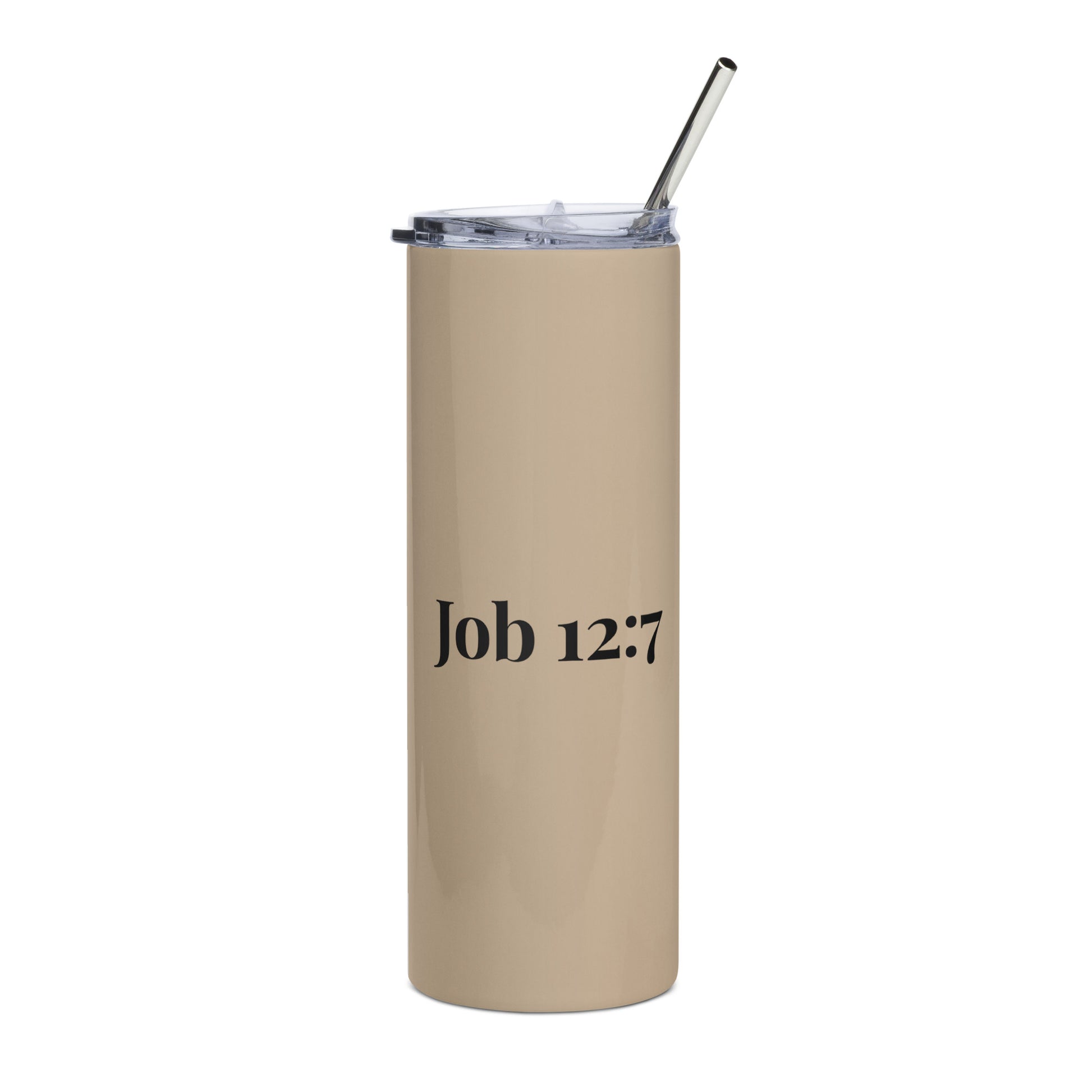 Tan stainless steel tumbler with the words, Job 12:7 on the front 