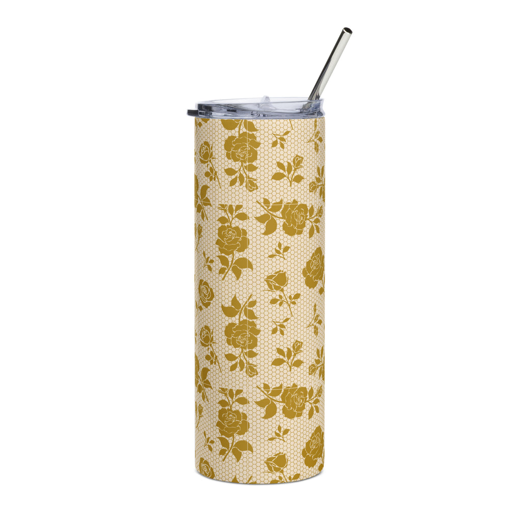 “No Worries God Got Me” gold flower with honey comb design,  insulated stainless steel design with straw and lid.