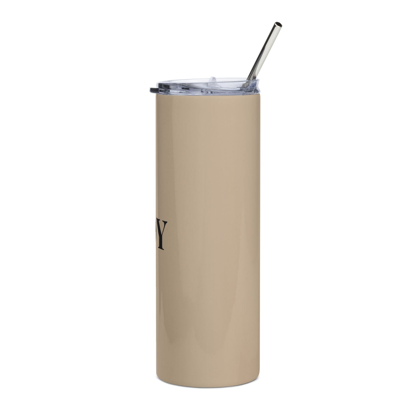 Tan stainless steel tumbler with the words, Joy on the front 
