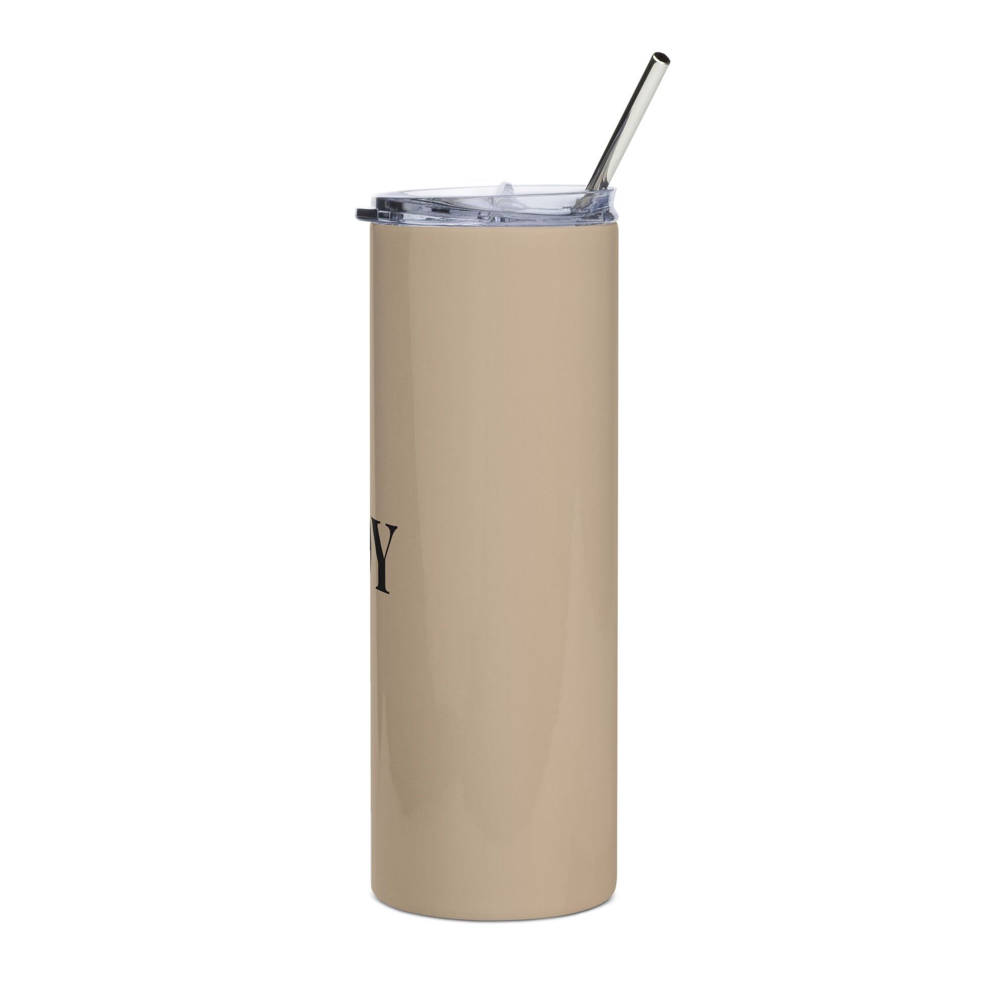 Tan stainless steel tumbler with the words, Joy on the front 