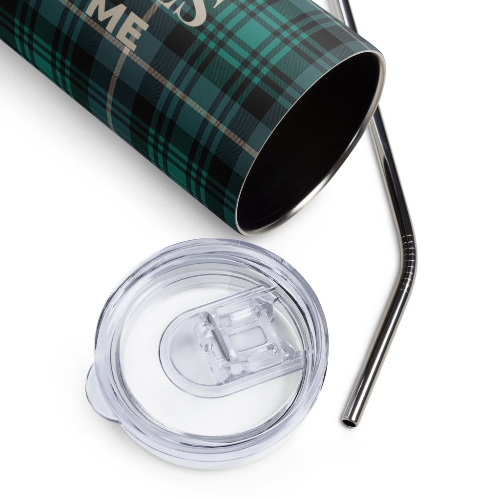 “No Worries God Got Me” Christian plaid tumbler with green, black, and gray pattern, insulated stainless steel design with straw and lid.