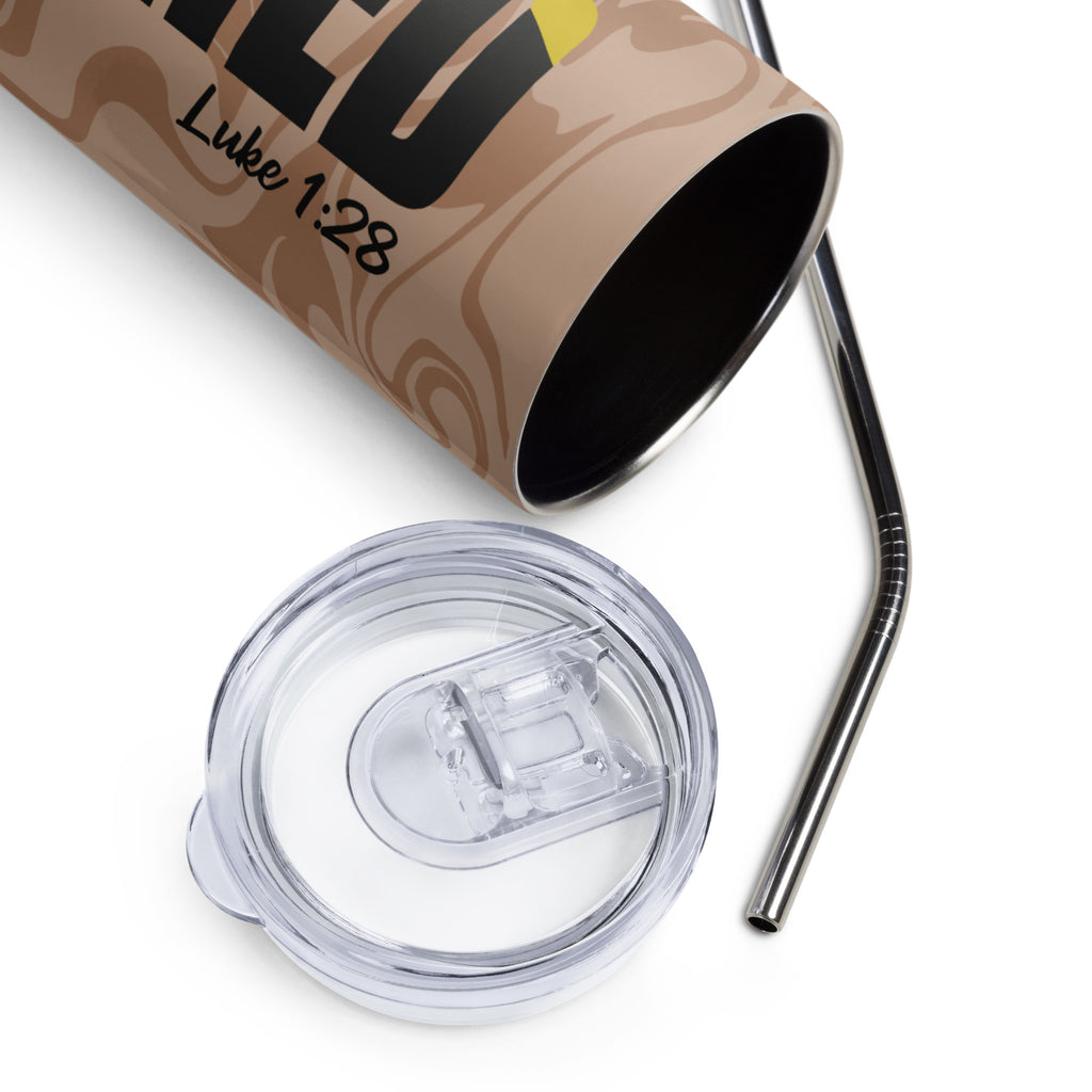 Overhead view of insulated Christian tumbler with “Favored” text and Luke 1:28 scripture, clear sliding lid, and reusable straw.