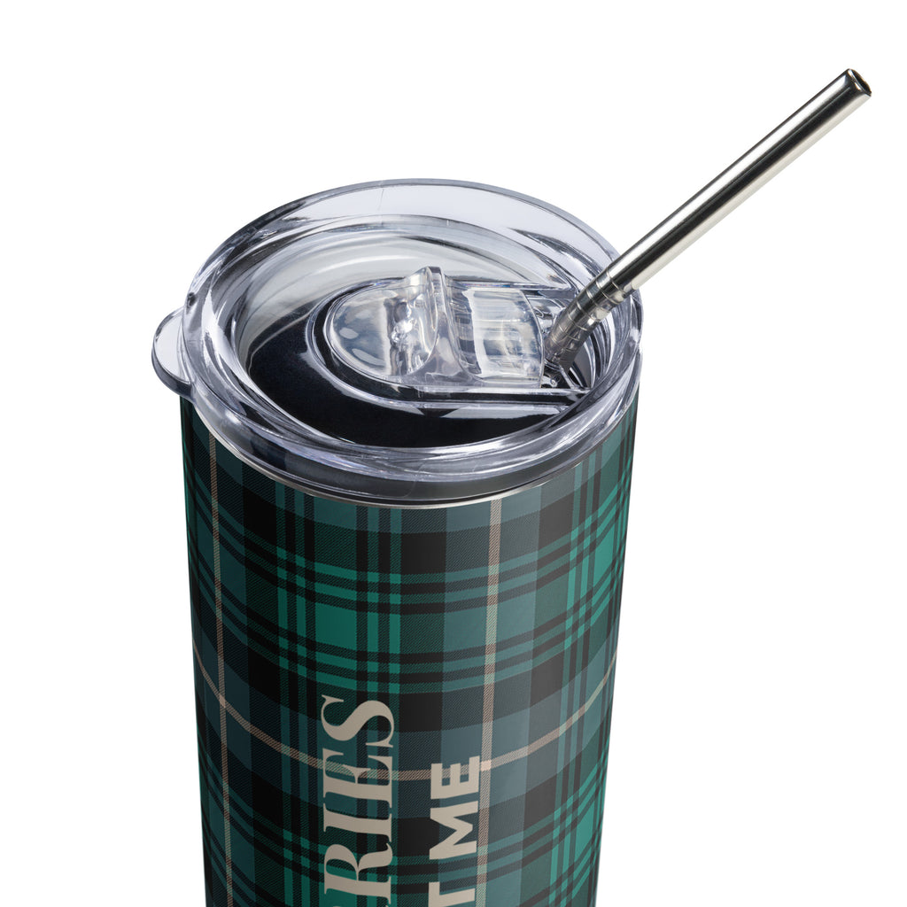 Close-up of Christian plaid tumbler with reusable straw and clear lid, featuring faith-inspired “No Worries God Got Me” text in champagne tan.

