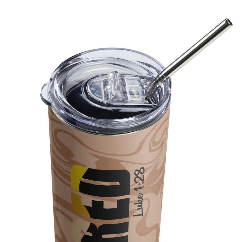 Close-up of Christian “Favored” Luke 1:28 tumbler with removable clear lid and reusable stainless steel straw, beige marble pattern.