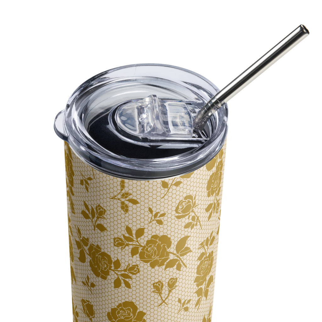 “No Worries God Got Me” gold flower with honey comb design,  insulated stainless steel design with straw and lid.