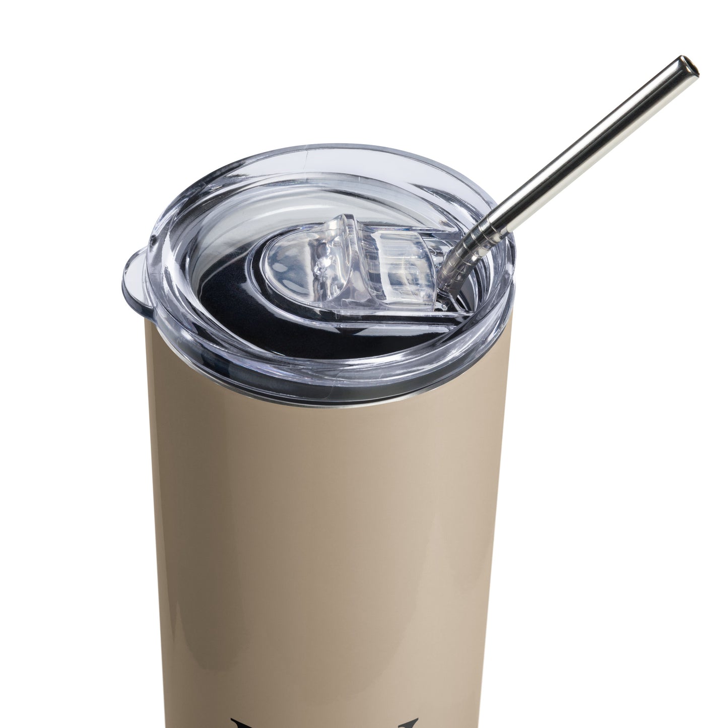 Tan stainless steel tumbler with the words, Joy on the front 