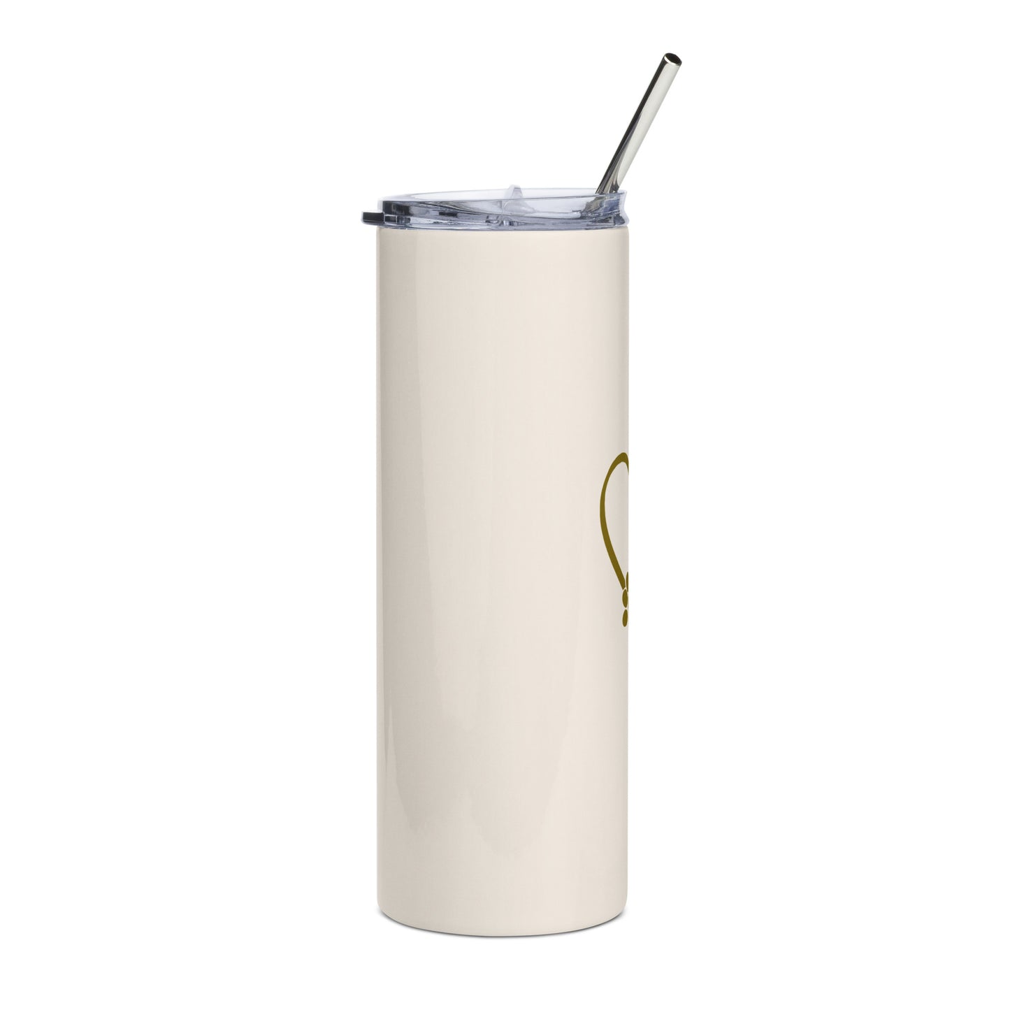 Cream stainless steel tumbler with gold heart with pawprint accents