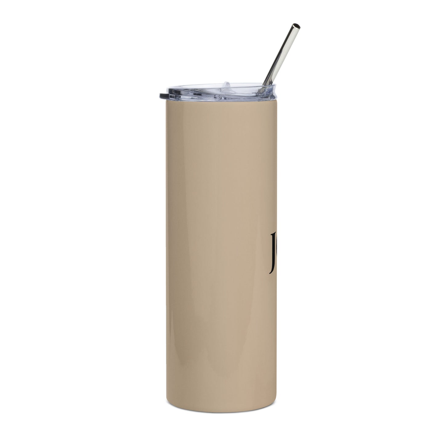 Tan stainless steel tumbler with the words, Joy on the front 