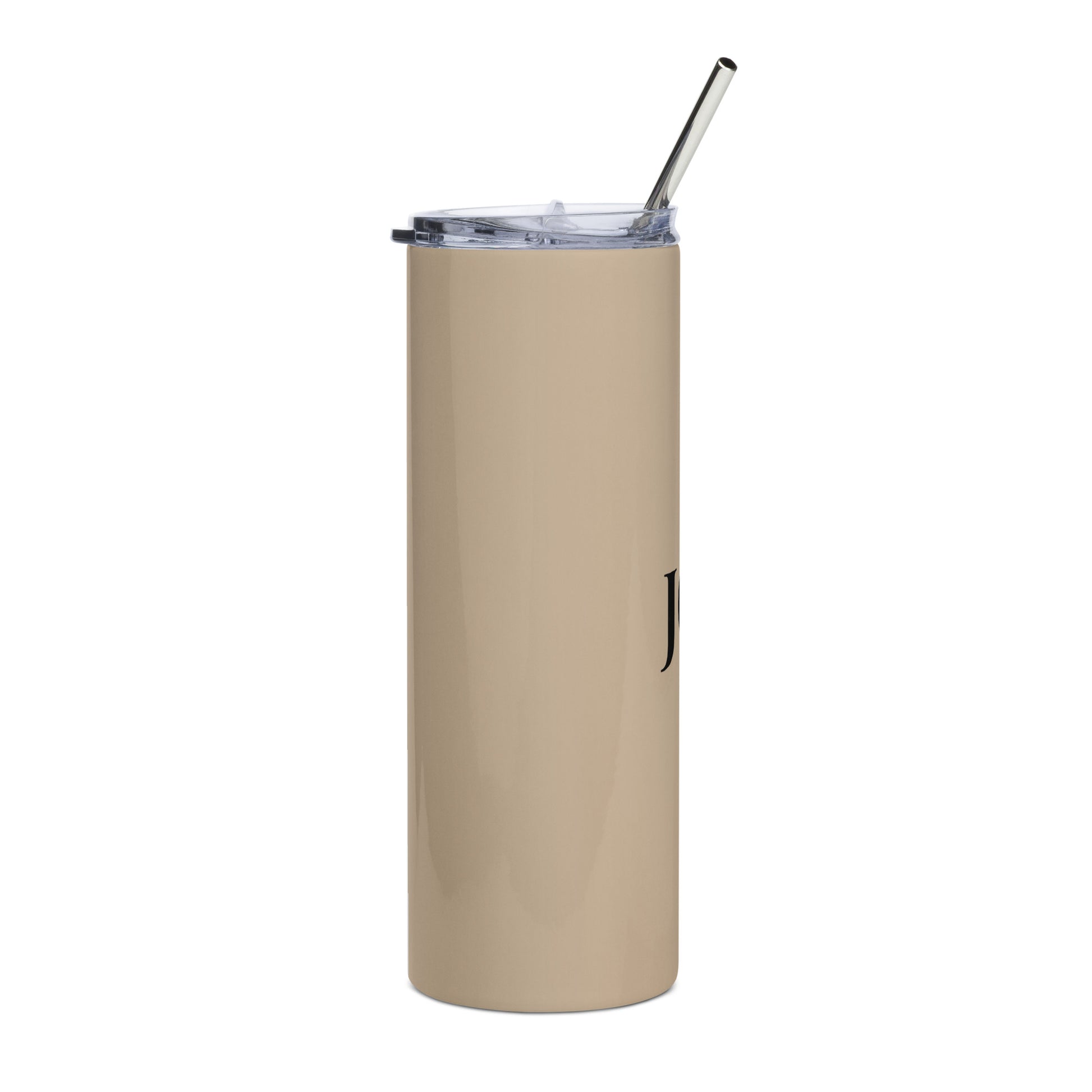 Tan stainless steel tumbler with the words, Joy on the front 