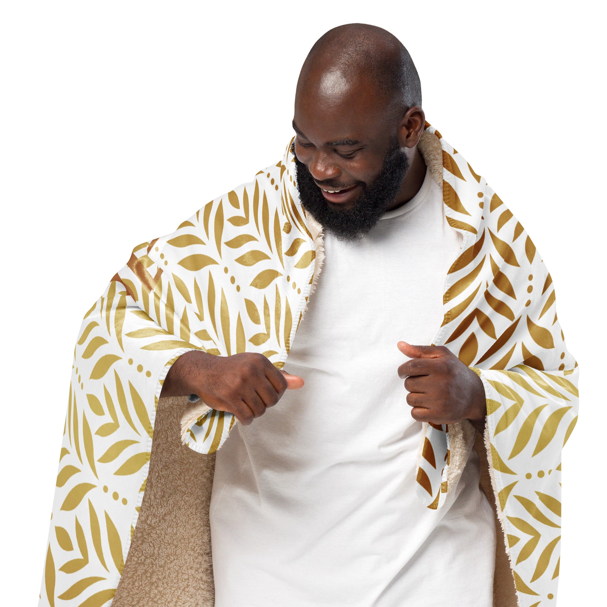 Sherpa blanket featuring a gold leaf pattern and “Paws and Praise” lettering in warm tones, a faith-inspired design that symbolizes gratitude, comfort, and the love between pets and their owners.