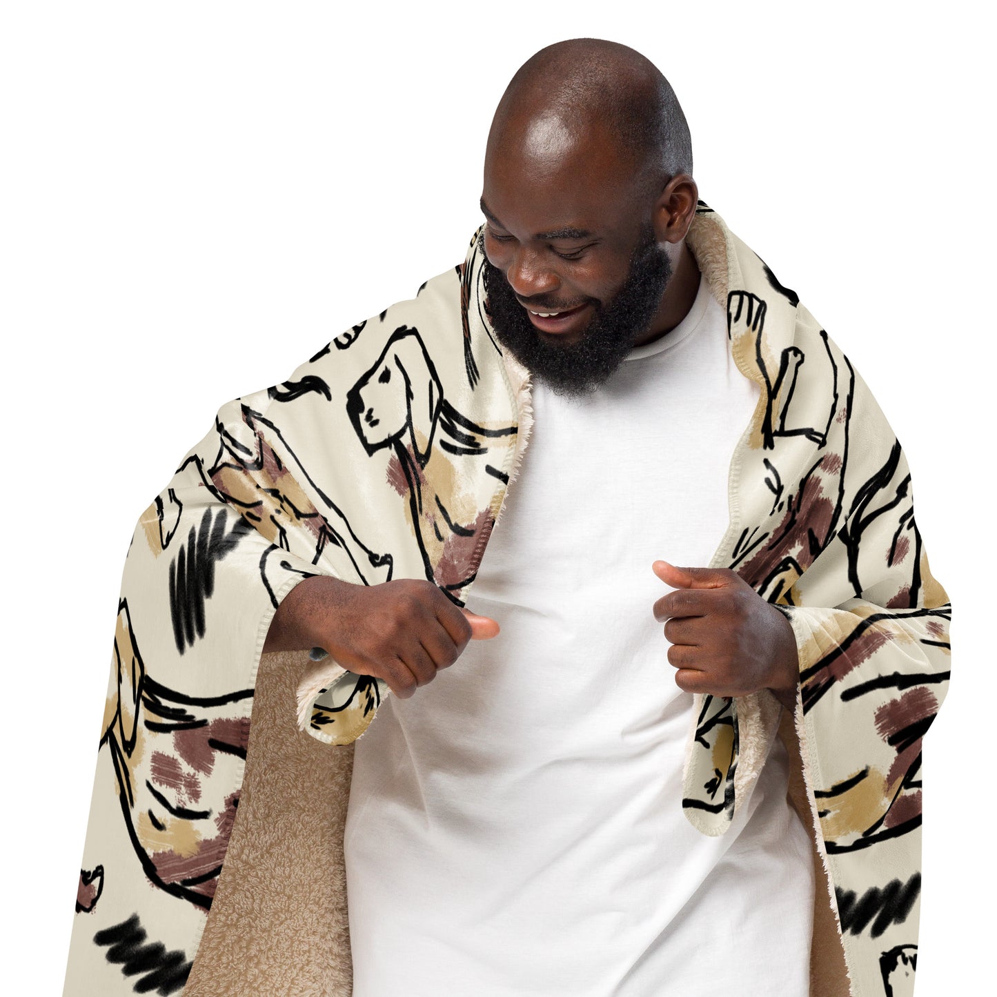 Cream sherpa blanket featuring illustrated dogs in gray, brown, and labrador patterns surrounded by geometric patterns, luxury dog lover home décor by Pets N’ Faith.