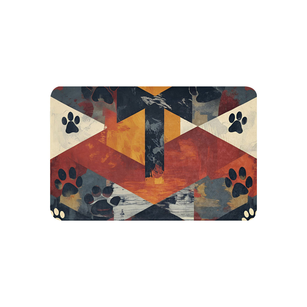 Flat view of an abstract geometric shaped sherpa blanket with a cross and paw print design.
