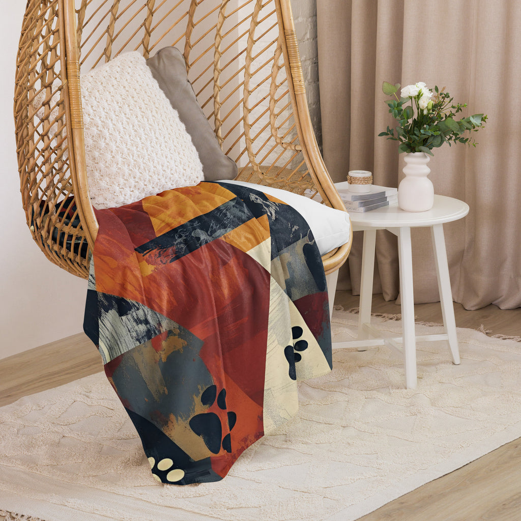 Foldedview of an abstract geometric shaped sherpa blanket with a cross and paw print design.
