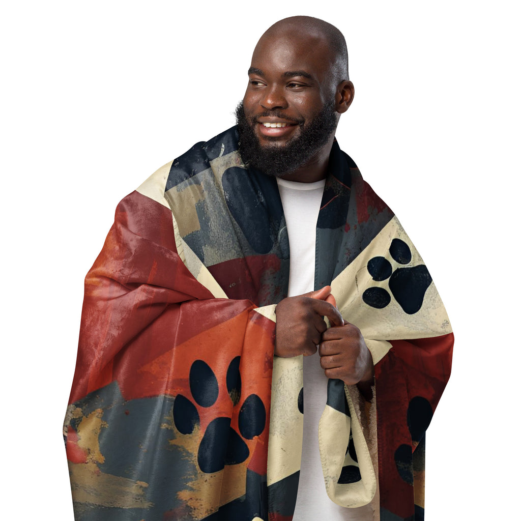 Man draped with an abstract geometric shaped sherpa blanket with a cross and paw print design.