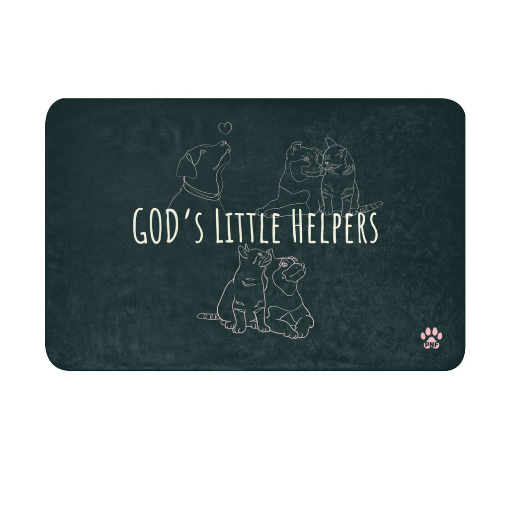 Front view of forest green sherpa blanket with pink drawings of cats and dogs with the phrase, " God's Little Helpers". 