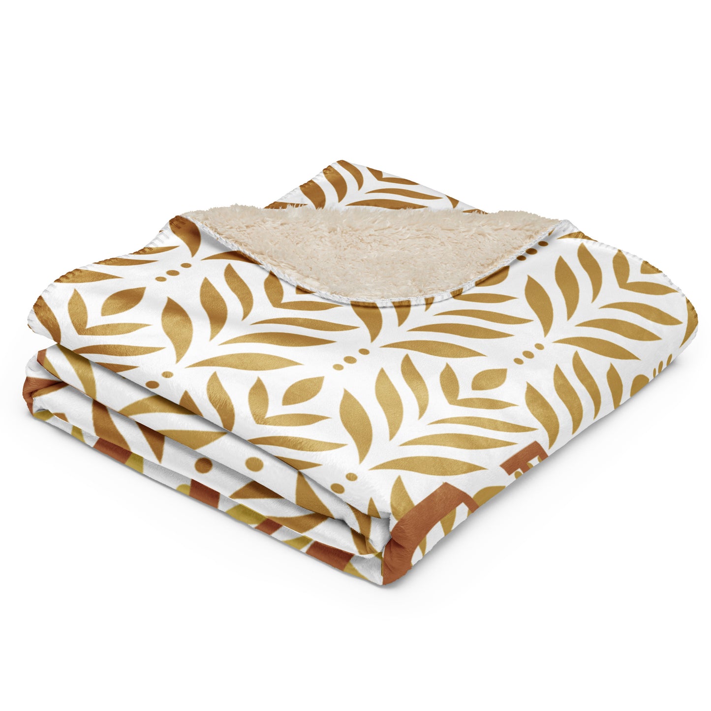 Sherpa blanket featuring a gold leaf pattern and “Paws and Praise” lettering in warm tones, a faith-inspired design that symbolizes gratitude, comfort, and the love between pets and their owners.