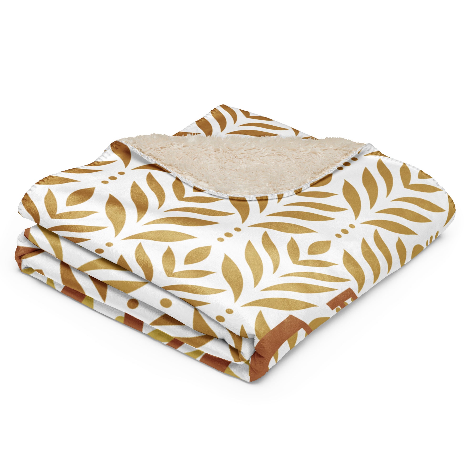 Sherpa blanket featuring a gold leaf pattern and “Paws and Praise” lettering in warm tones, a faith-inspired design that symbolizes gratitude, comfort, and the love between pets and their owners.