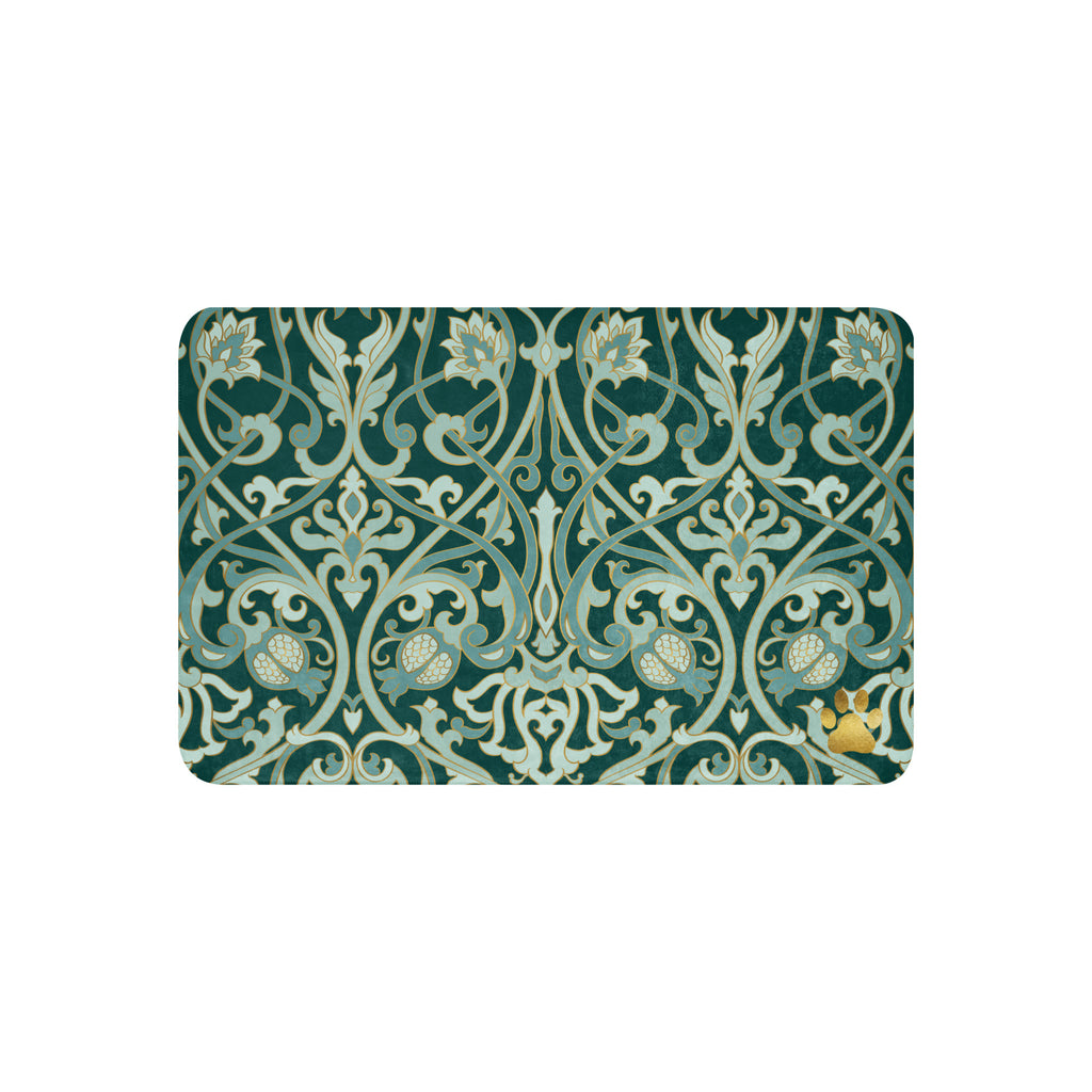 Sherpa blanket featuring a gold damask pattern with a small gold paw print in the corner, elegant Christian pet lover blanket by Pets N’ Faith