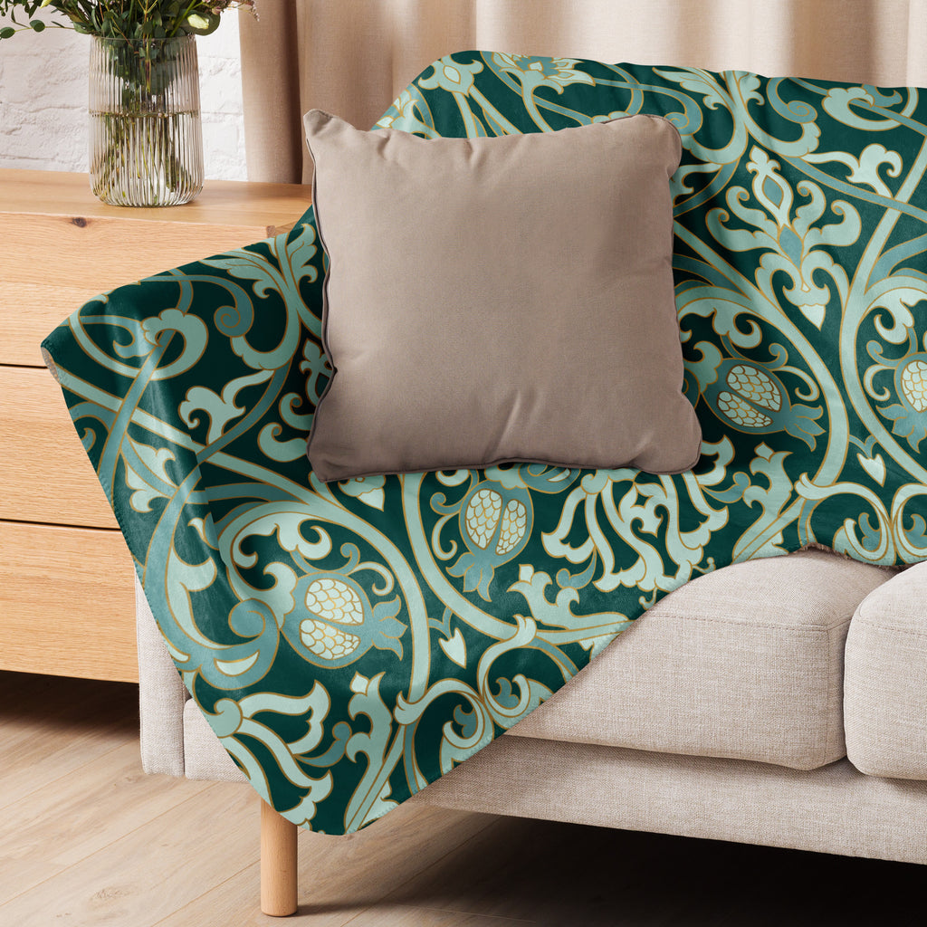 Sherpa blanket featuring a gold damask pattern with a small gold paw print in the corner, elegant Christian pet lover blanket by Pets N’ Faith