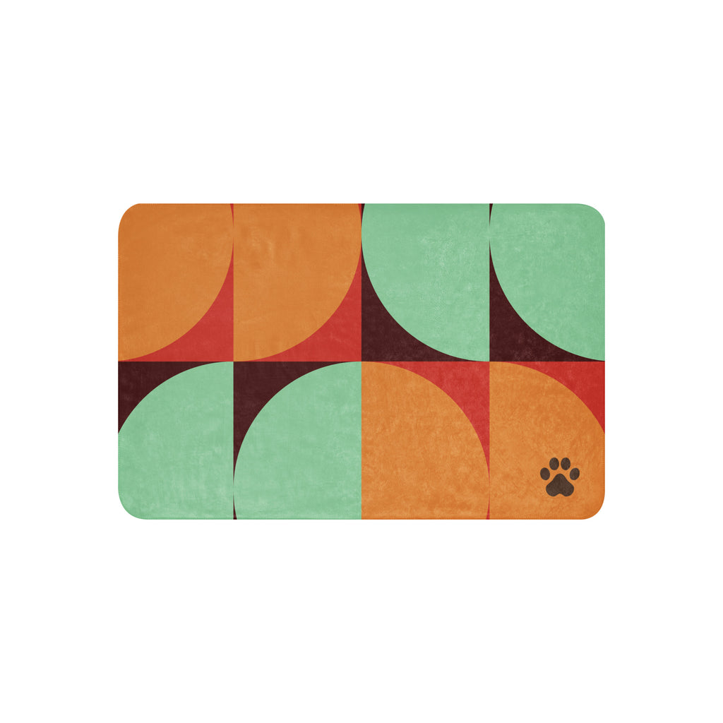 Sherpa blanket with orange, teal, and red geometric mid-century design featuring a black paw print in the corner, Pets N’ Faith faith-inspired throw