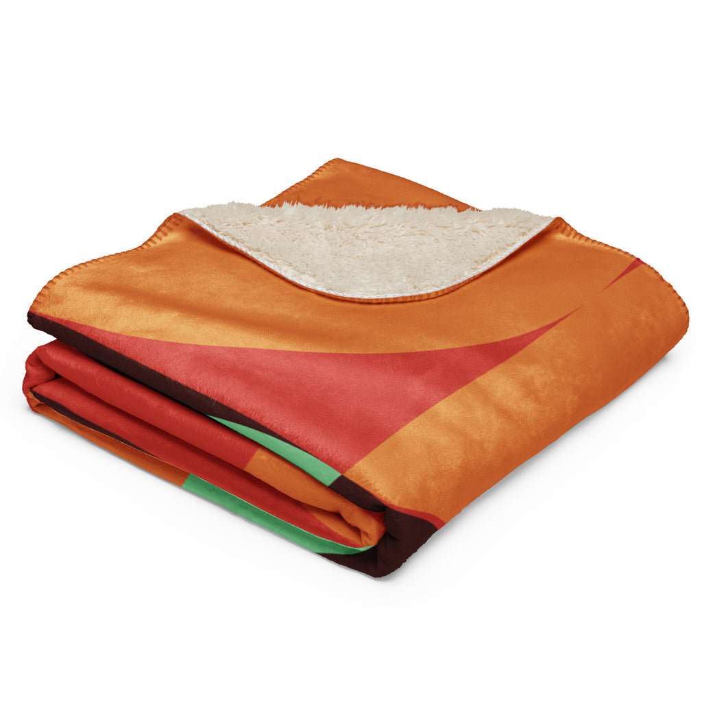 Sherpa blanket with orange, teal, and red geometric mid-century design featuring a black paw print in the corner, Pets N’ Faith faith-inspired throw