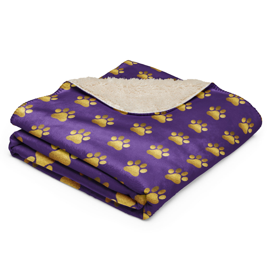 Indigo sherpa blanket with gold paw print design for Pets N' Faith