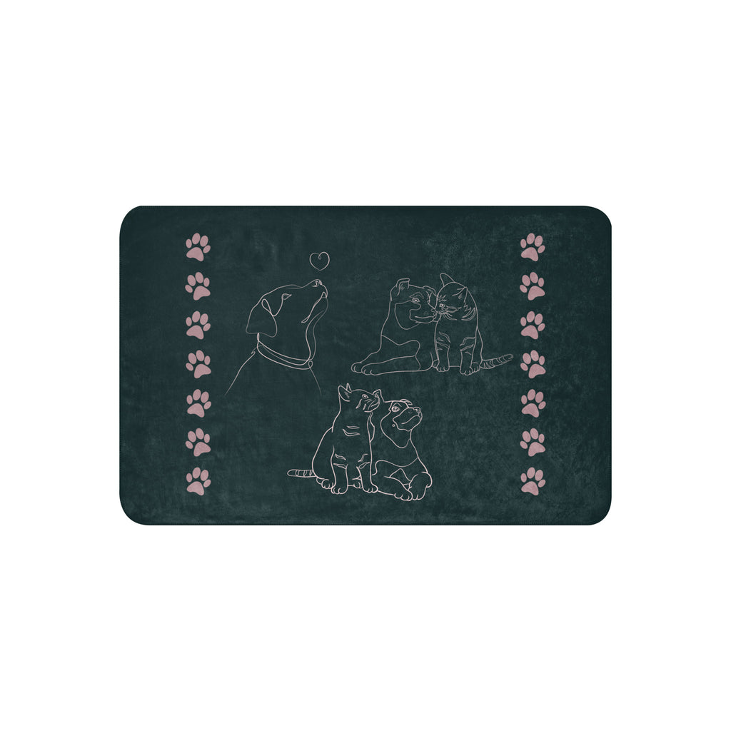 Front view of forest green sherpa blanket with pink drawings of cats and dogs with the phrase, " God's Little Helpers". 