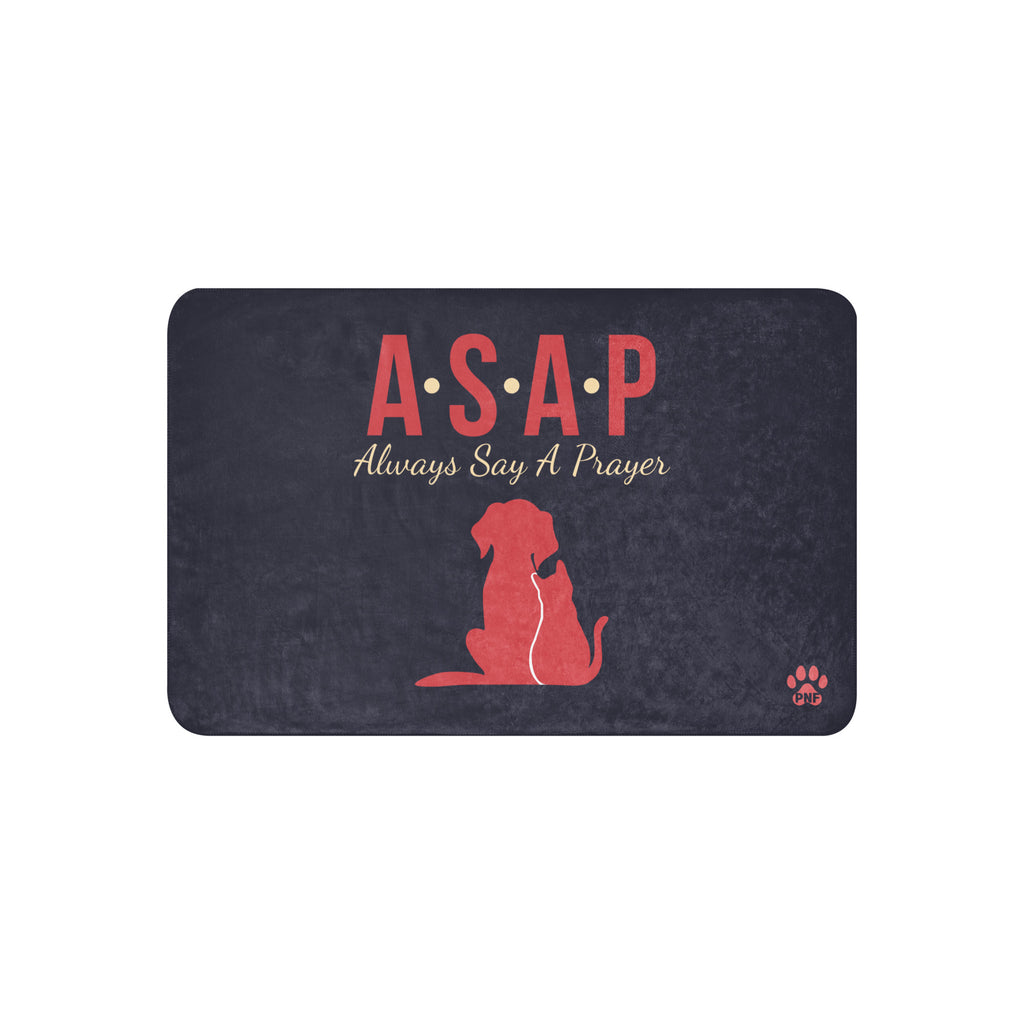 Charcoal blue sherpa blanket with the wording, " ASAP, Always Say a Prayer" in red and yellow lettering with two pet silhouettes.