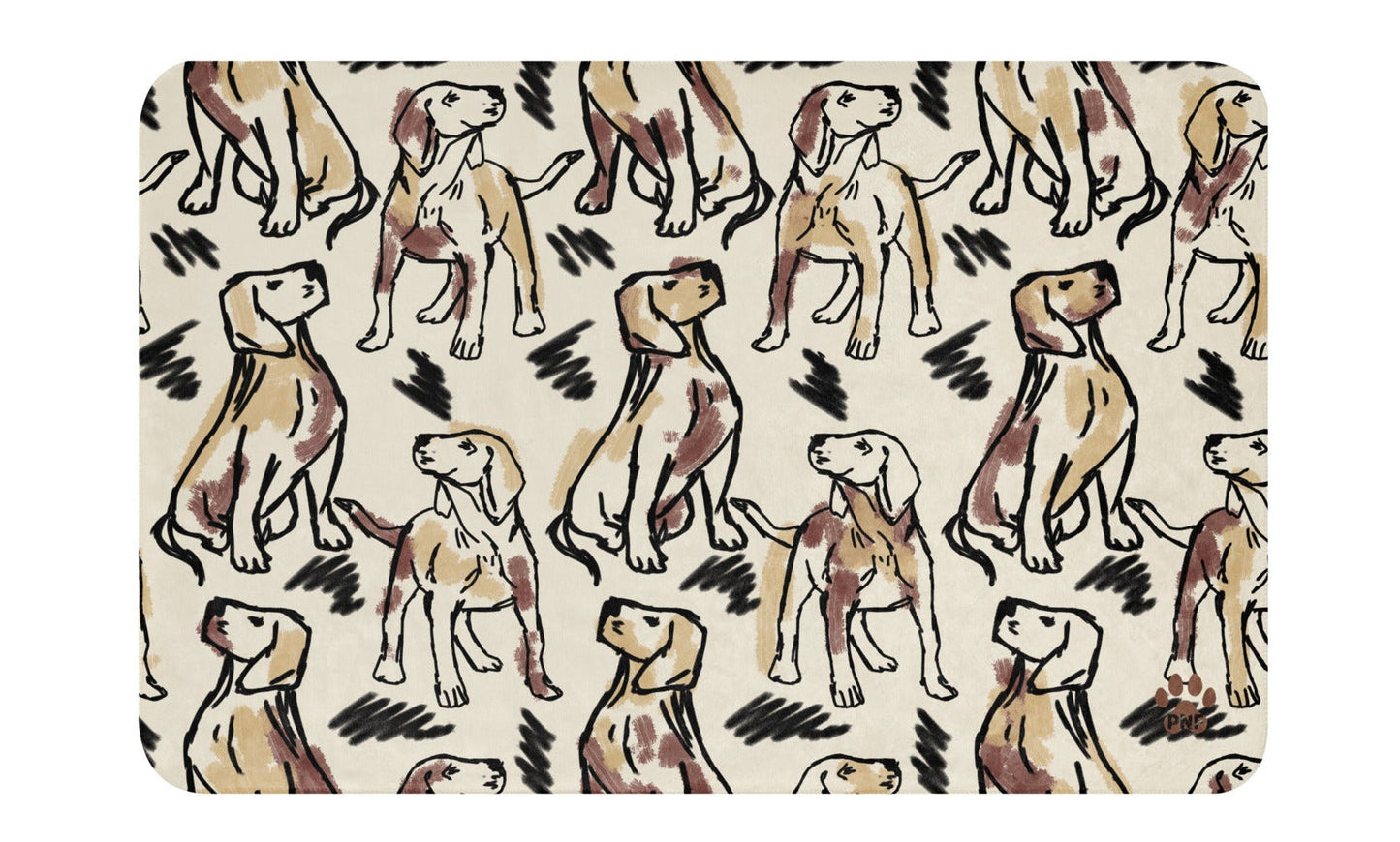 Cream sherpa blanket featuring illustrated dogs in gray, brown, and labrador patterns surrounded by geometric patterns, luxury dog lover home décor by Pets N’ Faith.