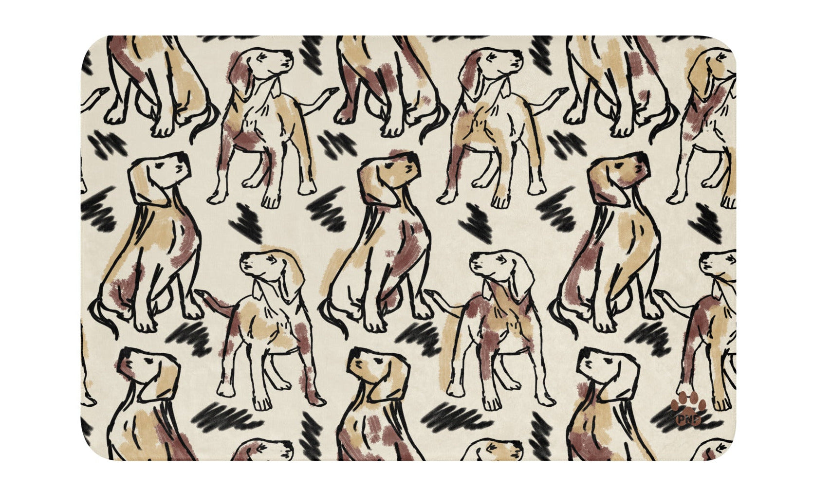 Cream sherpa blanket featuring illustrated dogs in gray, brown, and labrador patterns surrounded by geometric patterns, luxury dog lover home décor by Pets N’ Faith.